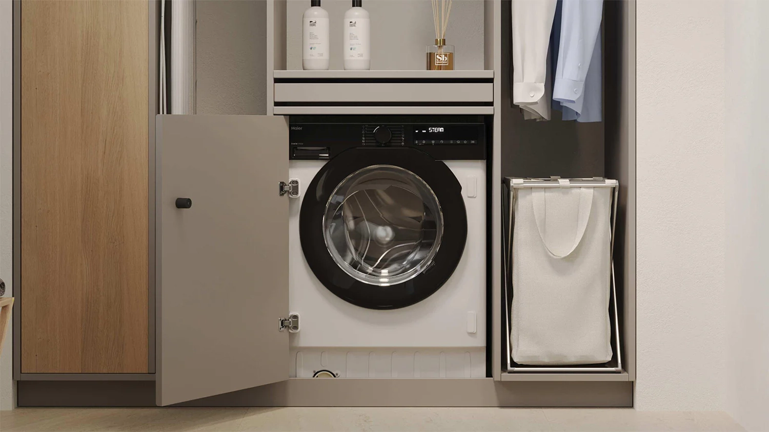 Vestavn&aacute; pračka se su&scaron;ičkou Haier BHA6SD696M6DB9-S ve skř&iacute;ni