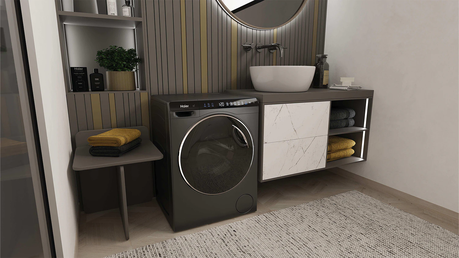 Pračka s předním plněním Haier HW50-BP12307GU1S v koupelně
