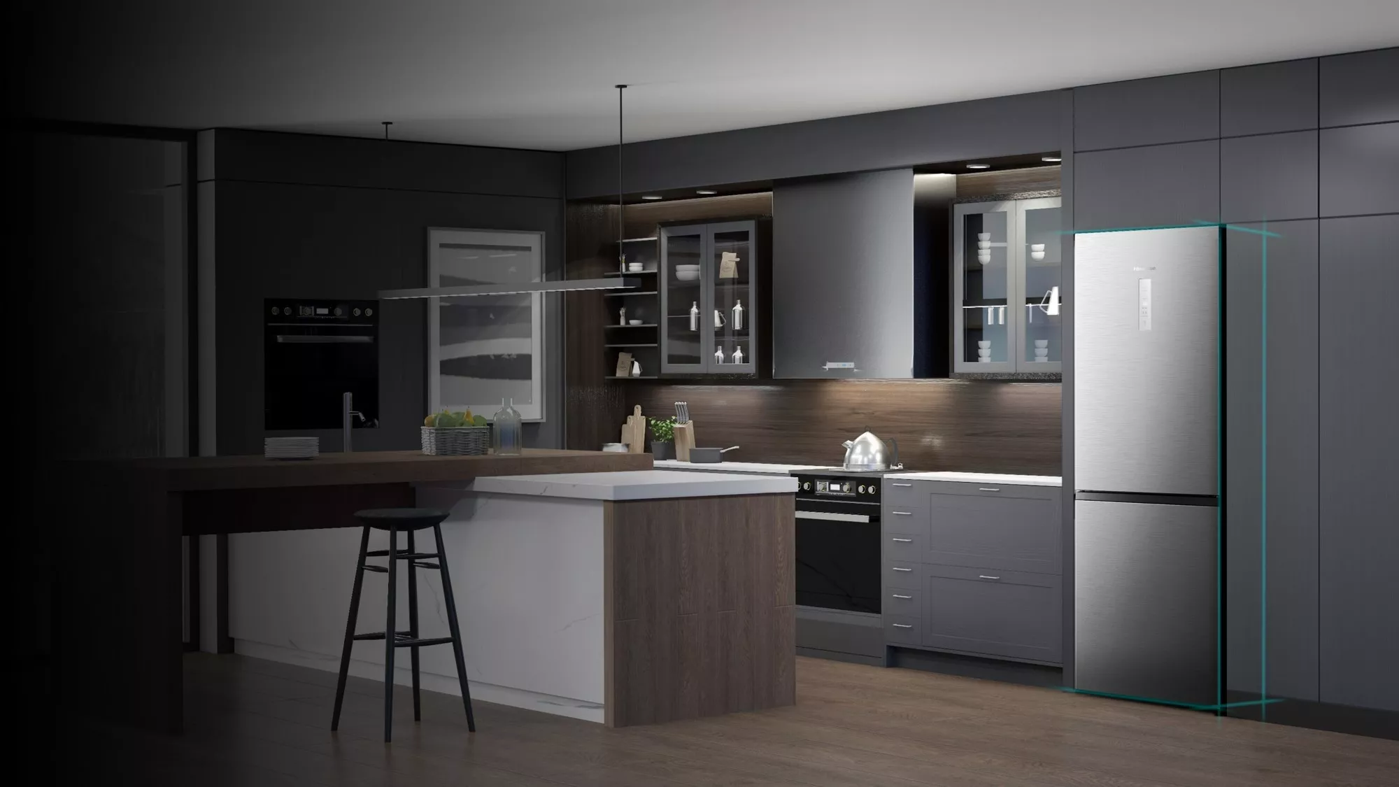 V kuchyni ustavená kombinovaná chladnička HISENSE French Door RT641N4AIE_08