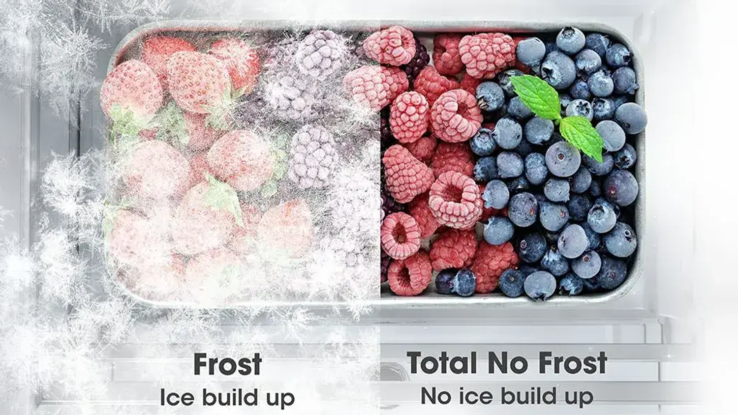 Vizualizace technologie Total No Frost na zmrazen&eacute;m ovoci