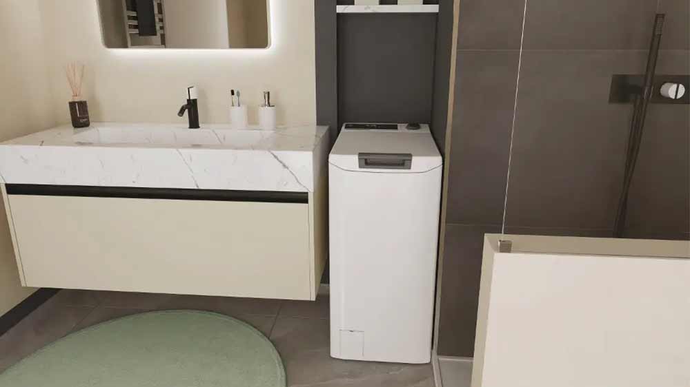 Vrchem plněná pračka Hoover THO286TM5-S v koupelně _02