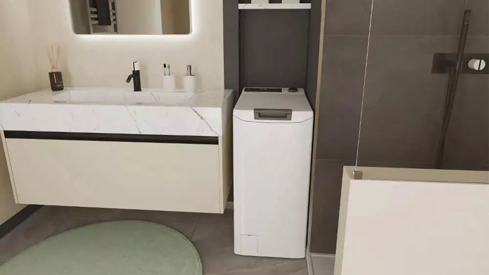 Vrchem plněná pračka Hoover THO286TM5-S v koupelně _02