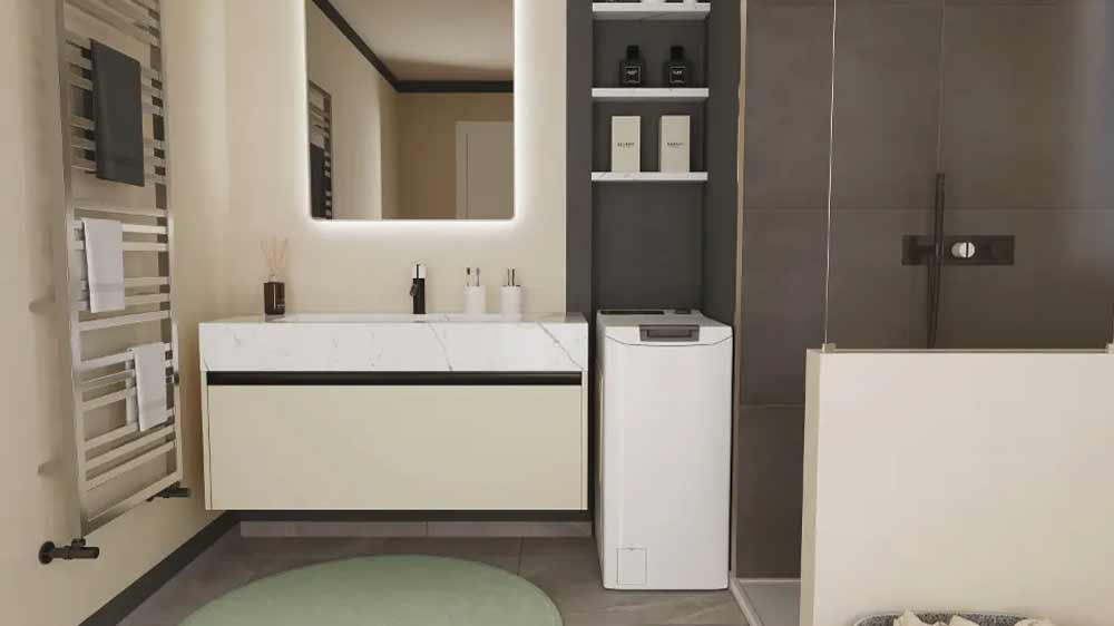 Vrchem plněná pračka Hoover THOS476TM5-S v koupelně_02