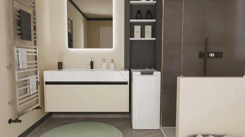 Vrchem plněná pračka Hoover THO476TM5-S v koupelně _02