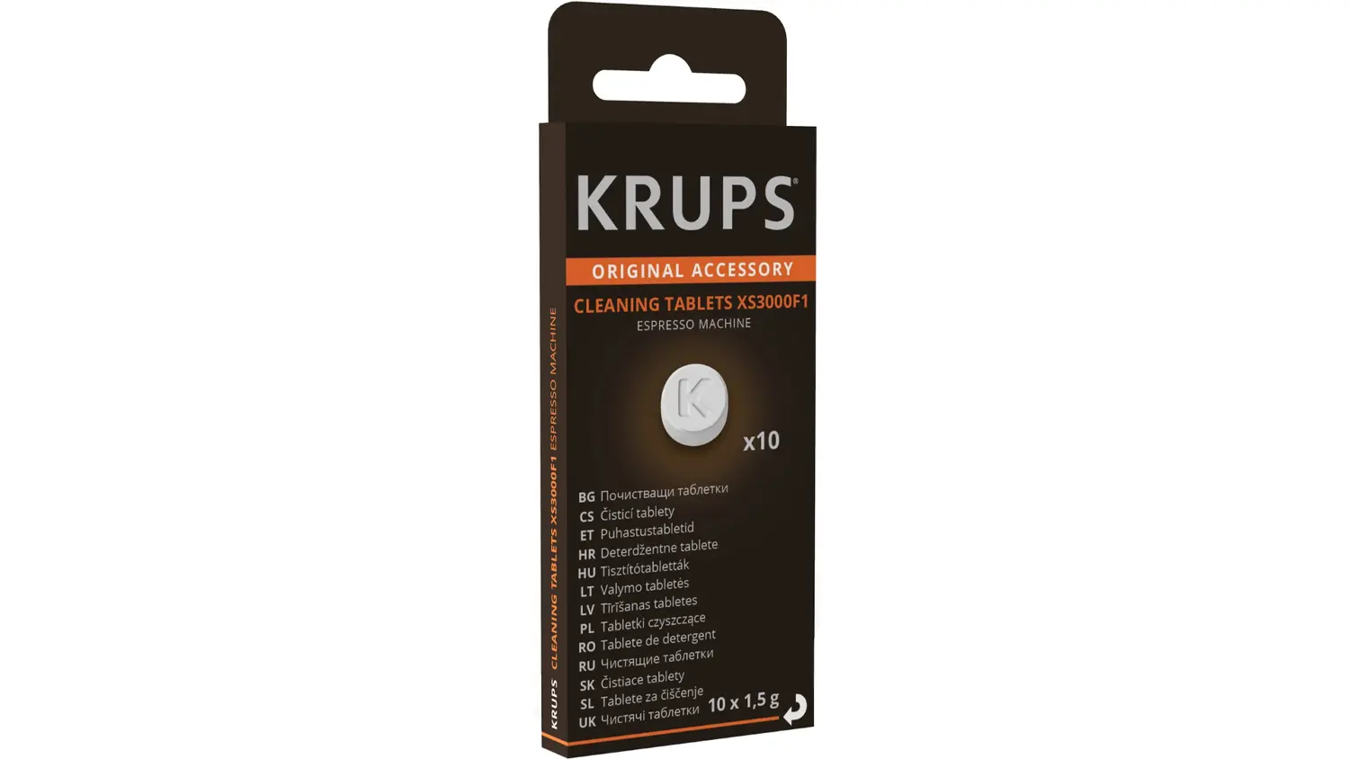 Čistic&iacute; tablety KRUPS XS3000F1 v origin&aacute;ln&iacute;m balen&iacute; na b&iacute;l&eacute;m pozad&iacute;