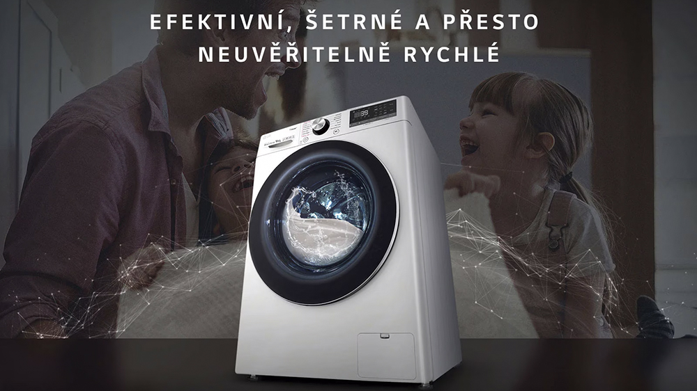 Pračka s předním plněním LG FSR5A94WH, na pozadí tatínek s dětmi_02