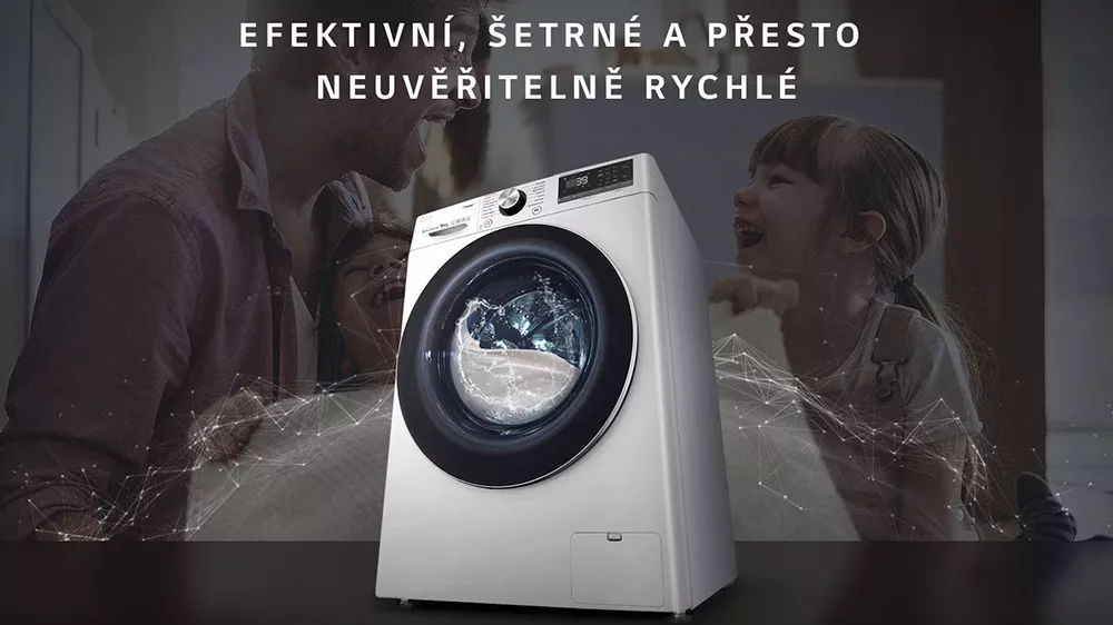 Pračka s předním plněním LG FSR5A94WH, na pozadí tatínek s dětmi_02