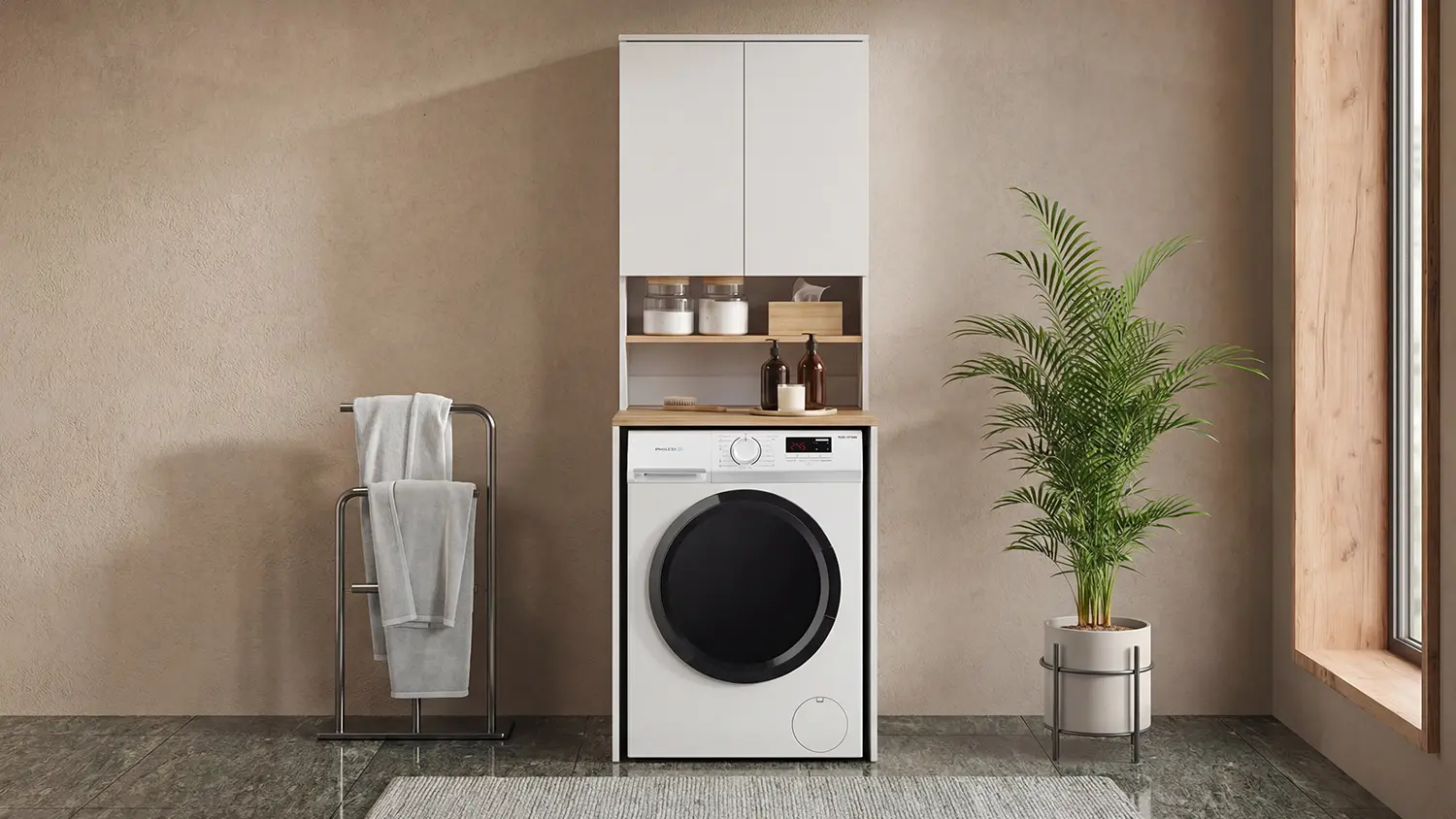 Pračka Philco PLDS 127 DGN vestavěná do koupelnového nábytku.