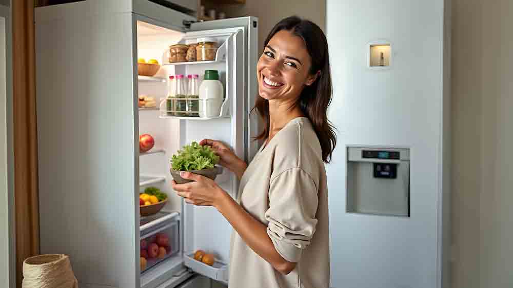 Žena stojí před otevřenou lednicí _02