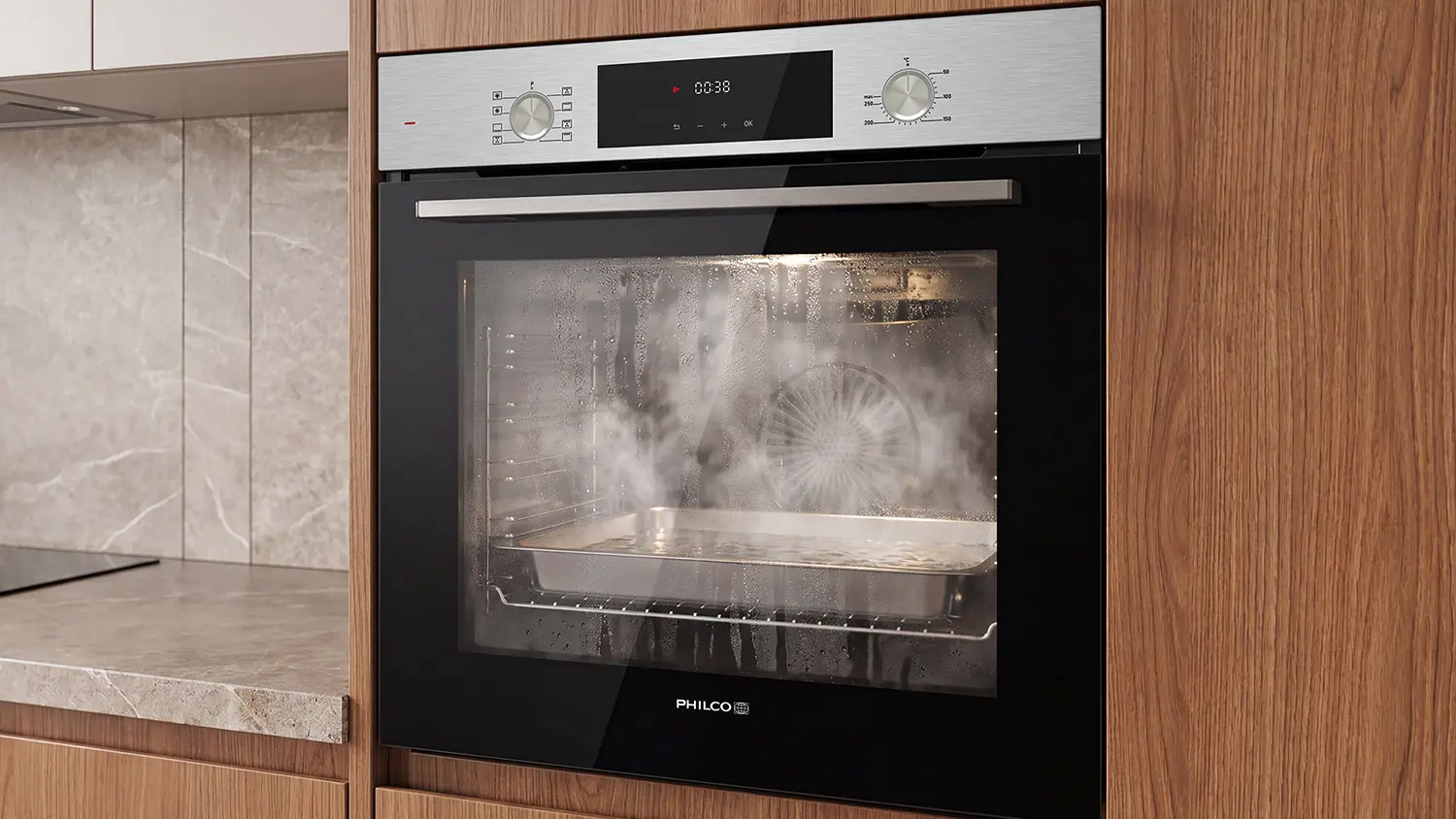 Vestavná trouba Philco POB 738 X, ve které je spuštěn program SteamClean