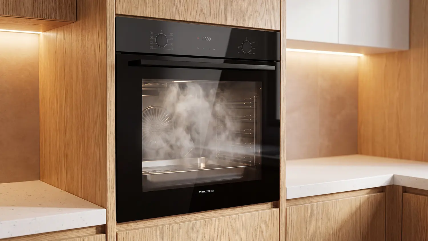 Vestavná trouba Philco POB 738 B, ve které je spuštěn program SteamClean