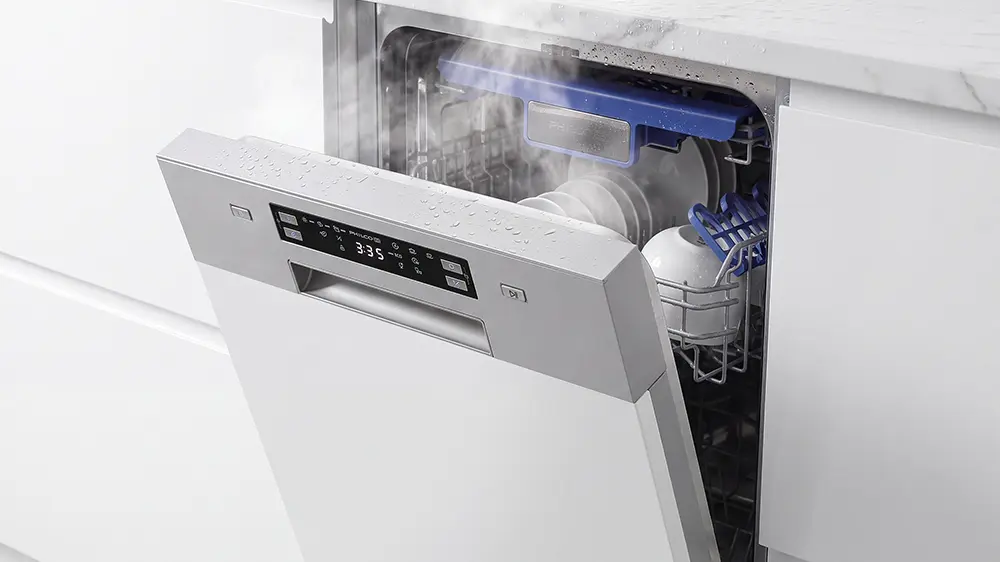 Zobrazení funkce iOpen vestavné myčky Philco PD 1047 BIX s unikající párou