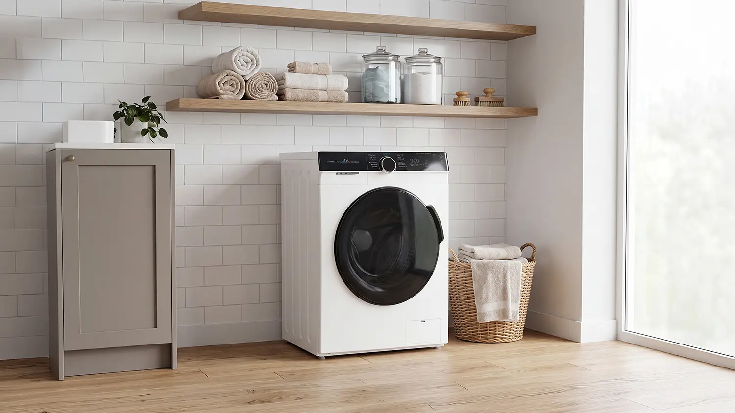 Pračka Philco PLDI 149 A40 King 3 umstěn v koupelně vedle koe na pran.