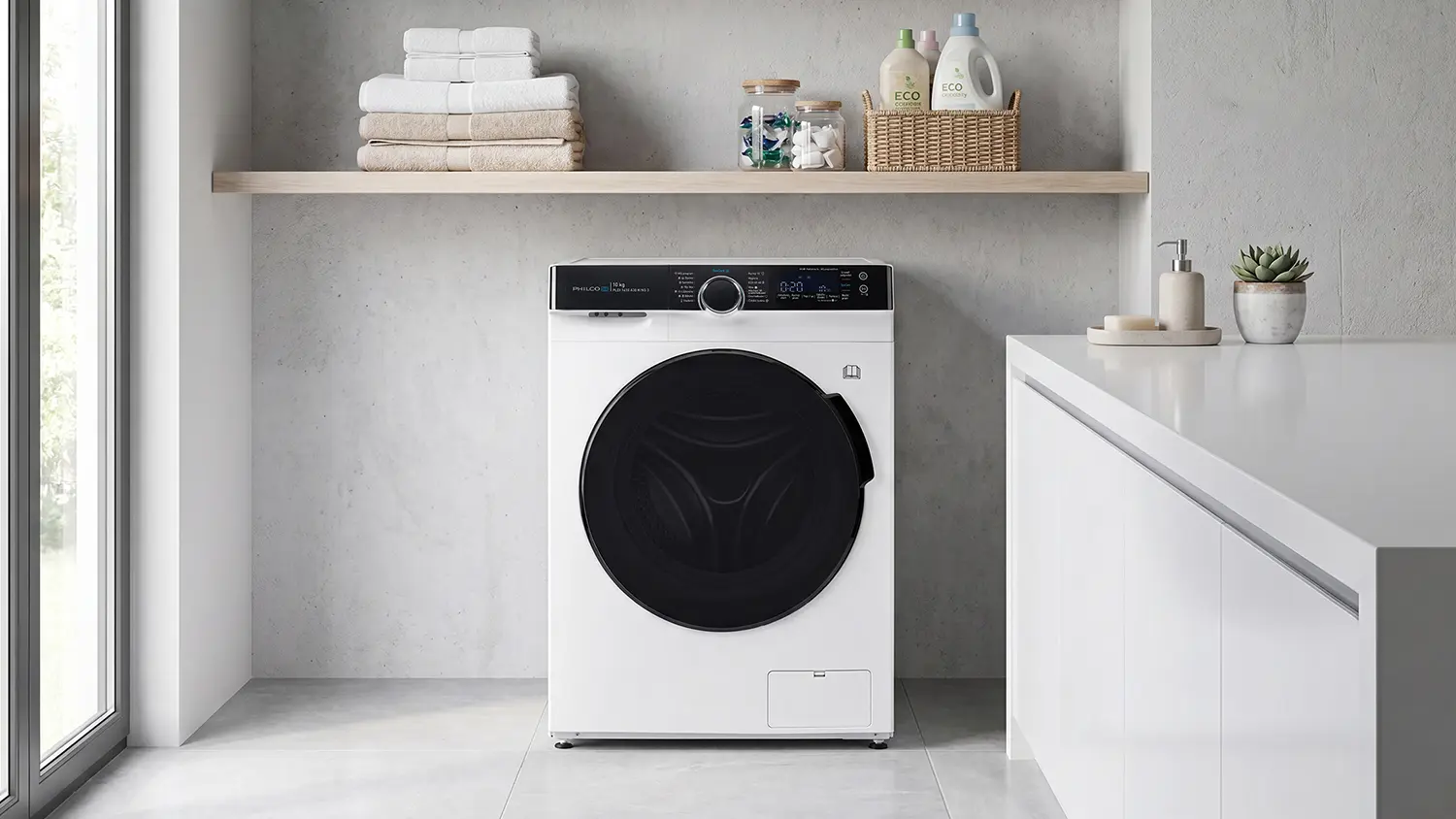 Pračka Philco PLDI 1410 A30 King 3 nainstalovan v modern koupelně
