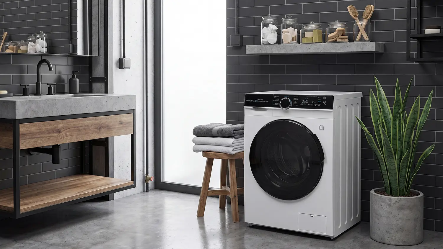 Pračkosu&scaron;ička Philco PLWDSI 86 AD King 3 nainstalovan&aacute; v modern&iacute; koupelně