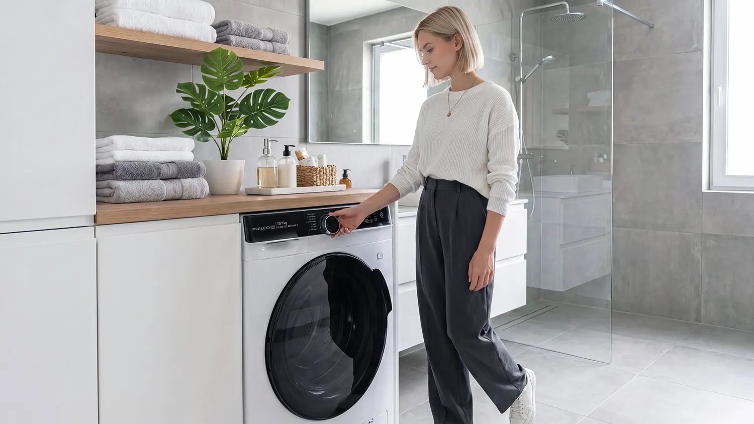Pračkosuička Philco PLWD 107 BD King 3, kterou žena zapn.