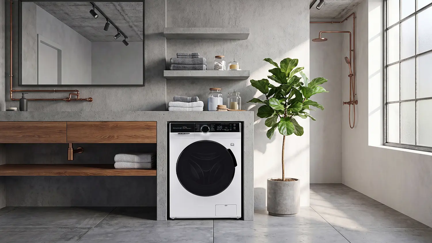 Pračkosuička Philco PLWD 107 BD King 3, kterou žena zapn.