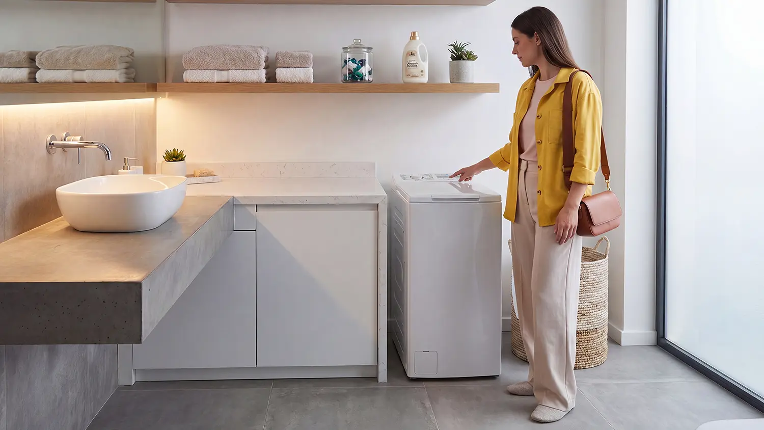 Žena, ktorá spúšťa práčku zhora plnenú Philco PLD 126 CTL E11.
