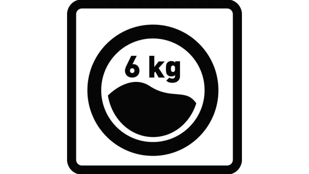 Piktogram pre 6 kg kapacitu práčky.