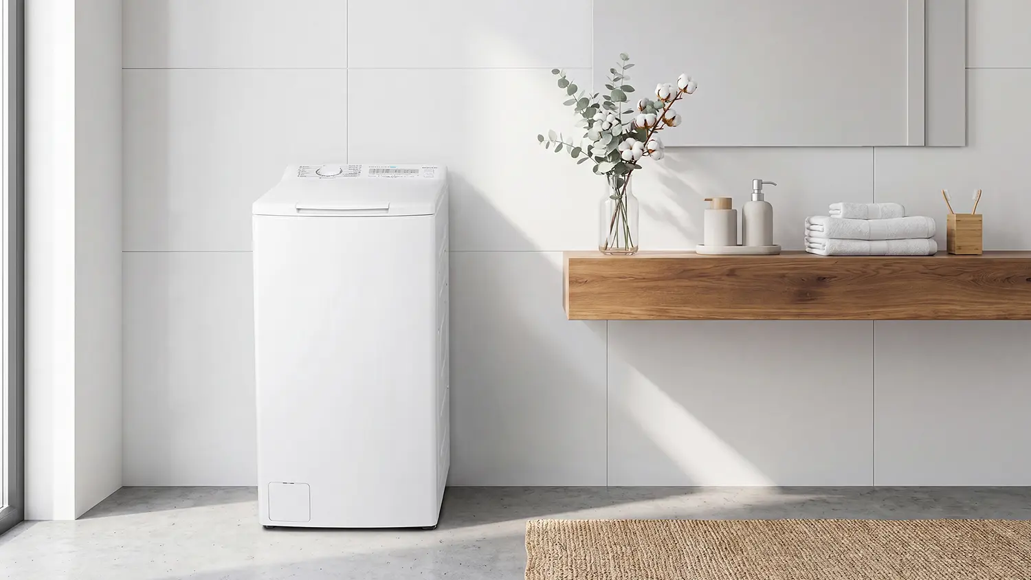 Vrchem plněná pračka Philco PLD 127 CTL E11, která je umístěná v koupelně.