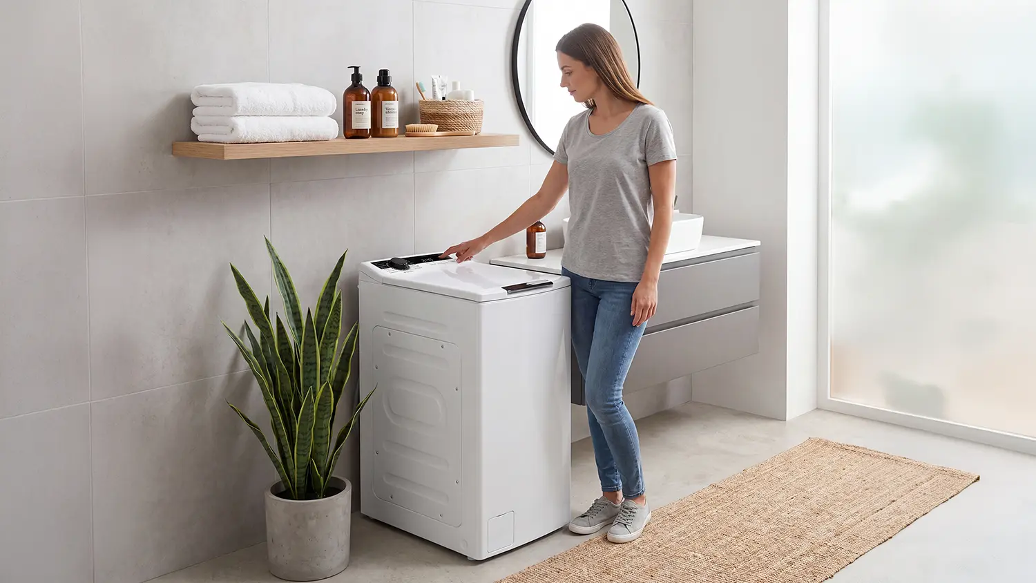 Žena stojí u vrchem plněné pračky Philco PLD 127 A TL E12.