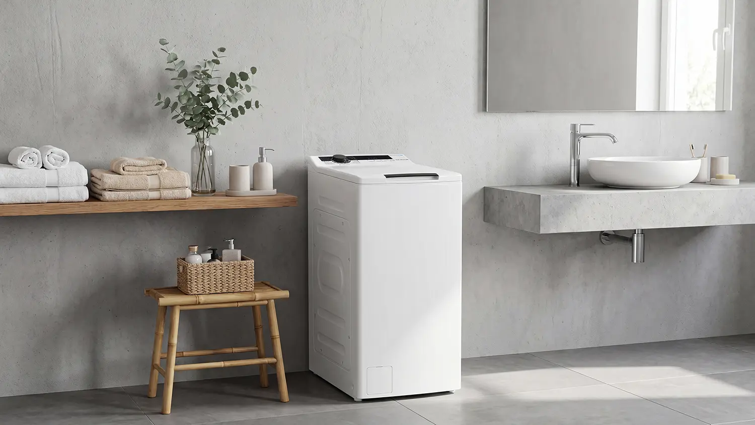 Pračka Philco PLDI 138 ATL E05 stojí v moderní koupelně.