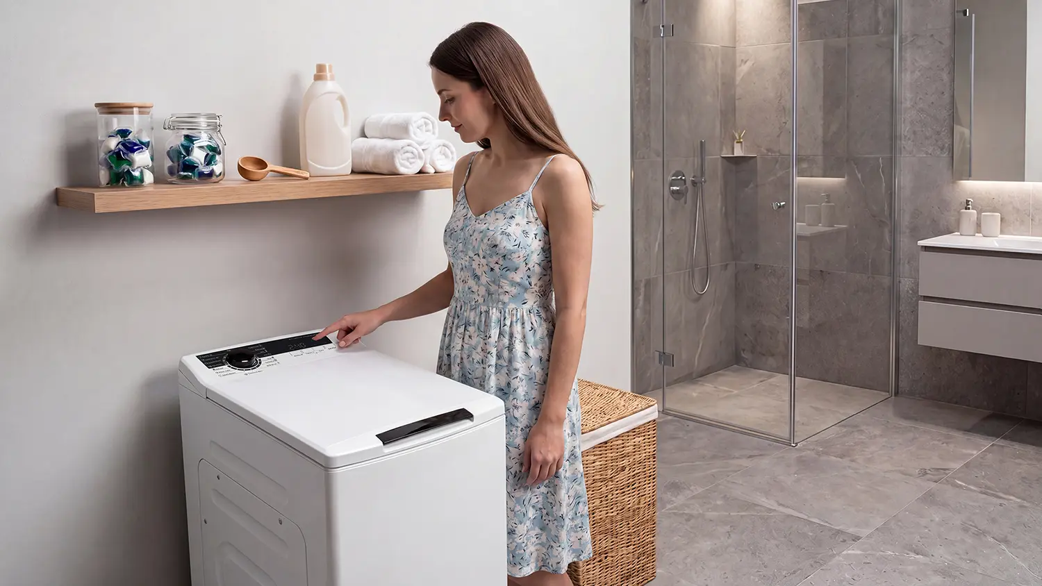žena stojí u pračky Philco PLDI 138 ATL E05 v koupelně.