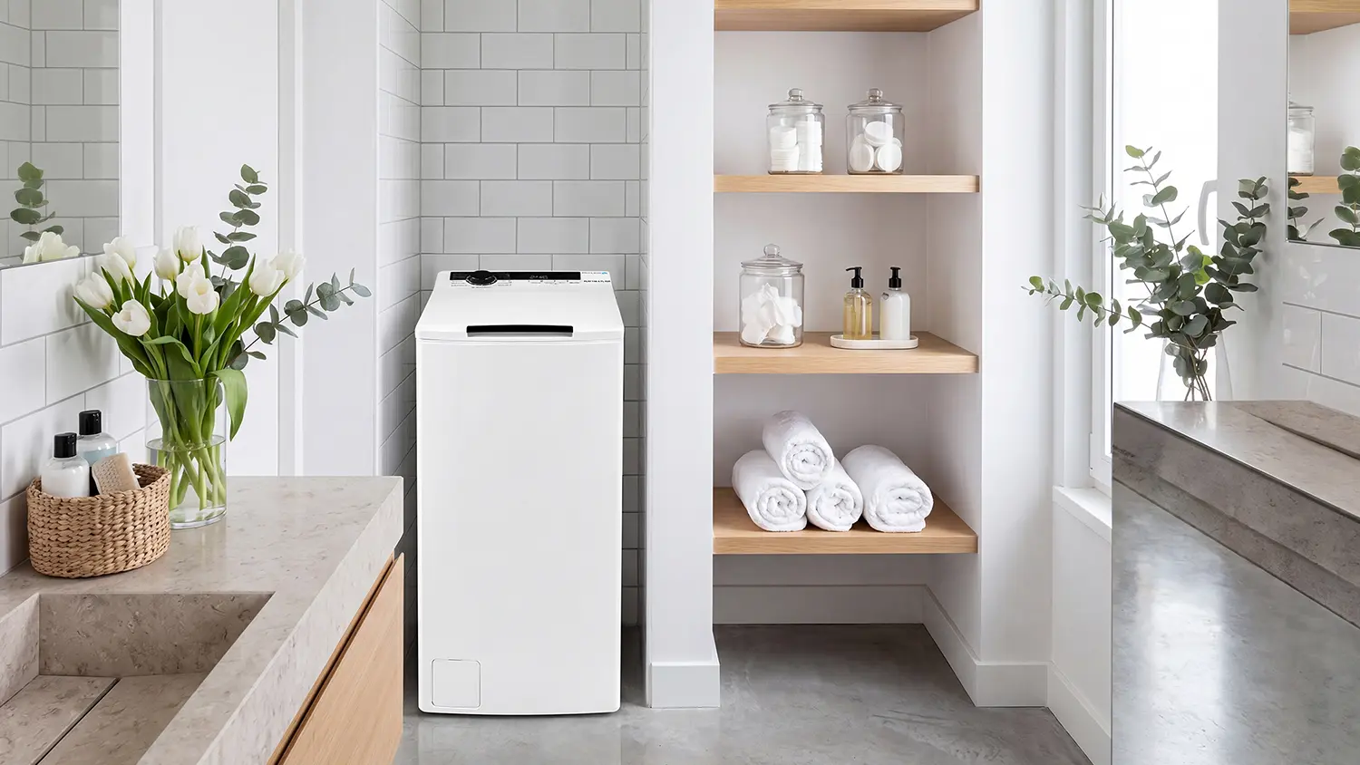 Vrchem plněná pračka stojí v designové koupelně.