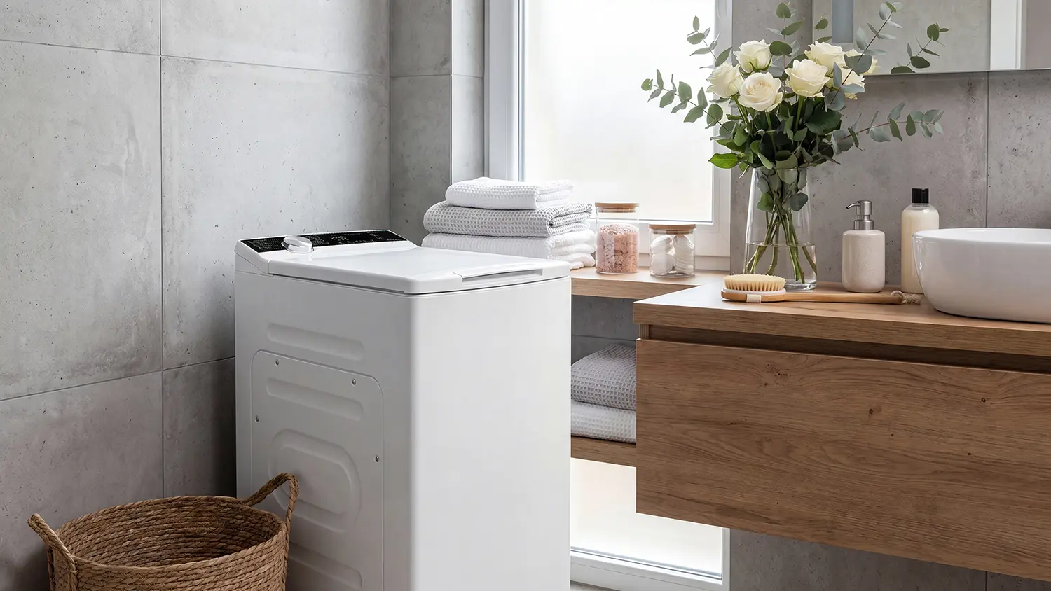Práčka Philco King stojí v designovej kúpeľni.