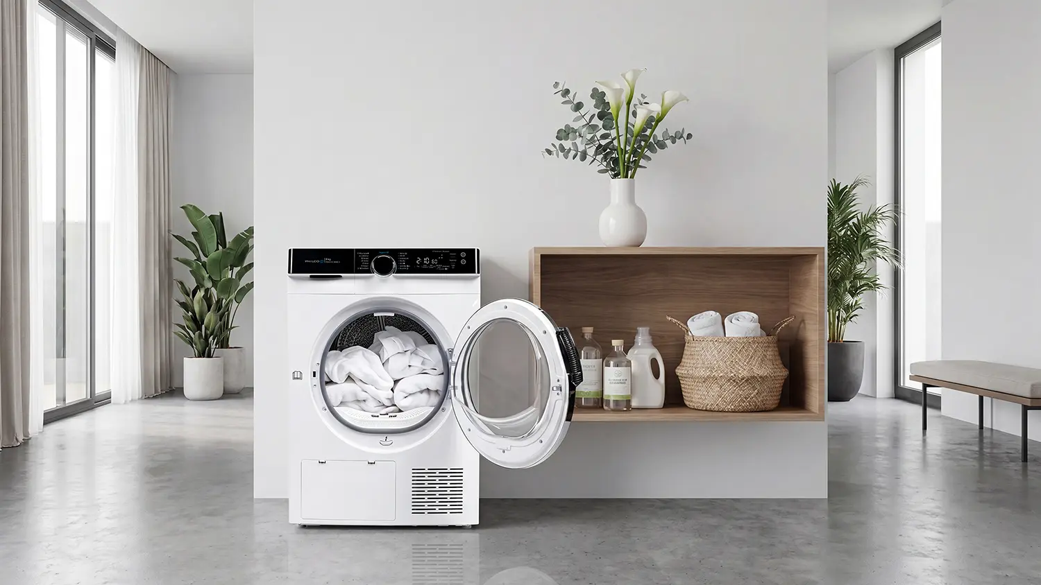 Otevřená sušička s tepelným čerpadlem Philco PDCI 9 C King 3 plná prádla.