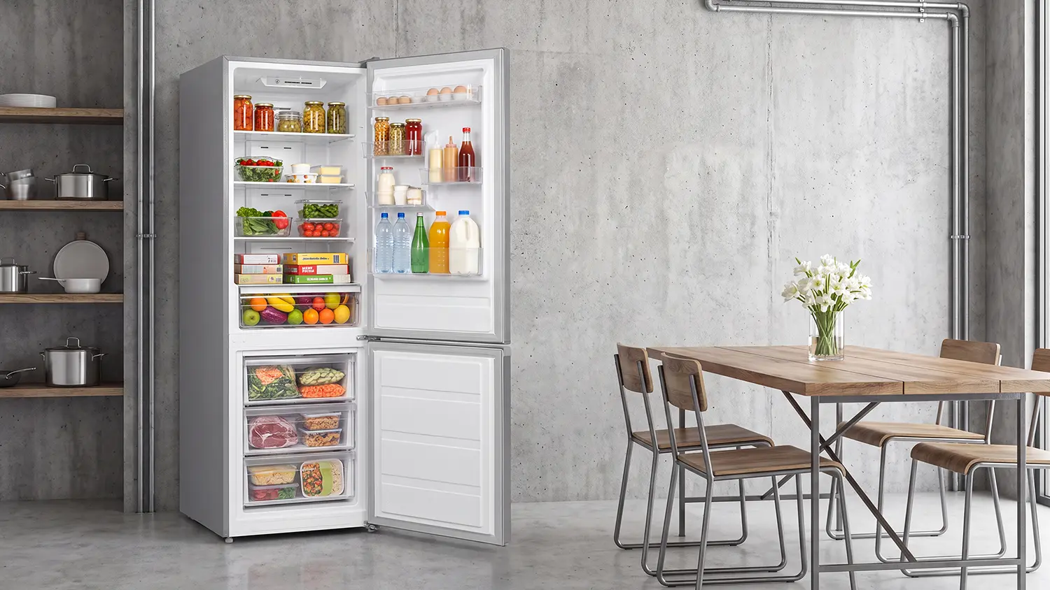 Otevřená lednice Philco PCNI 310 CX stojí v moderní kuchyni
