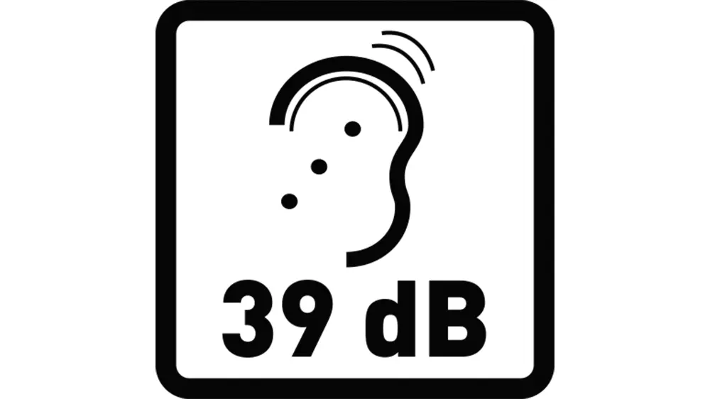 Piktogram zobrazující nízkou hladinu hluku jen 38 dB
