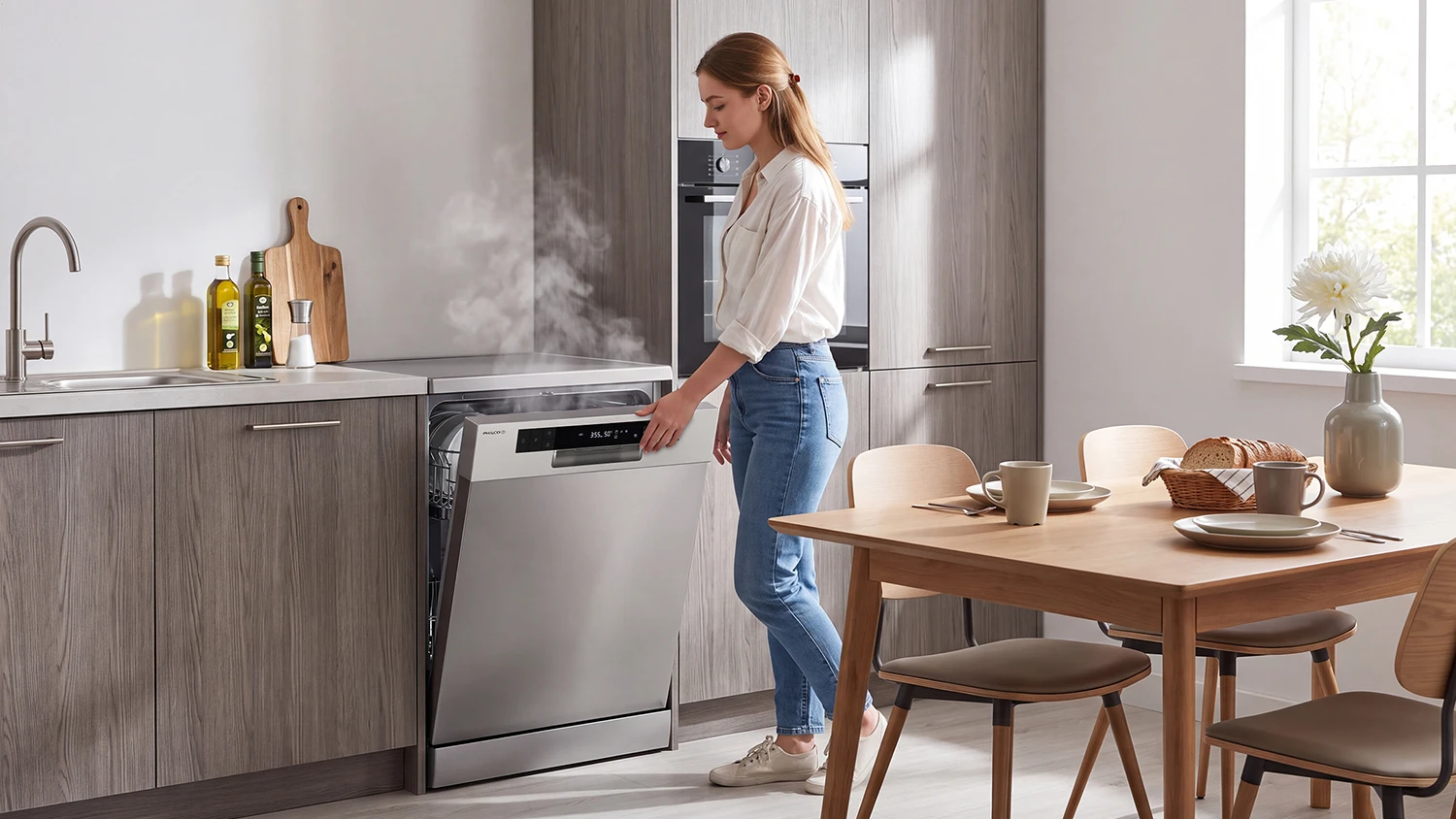 Žena stoj&iacute; u&nbsp;pootevřen&eacute; myčky Philco PDI 1467 BOX, ze&nbsp;kter&eacute; jde p&aacute;ra.
