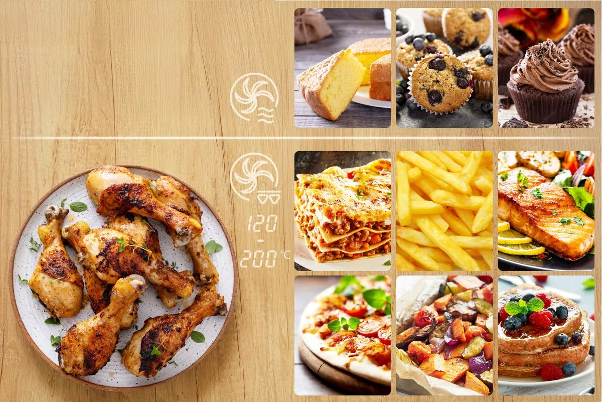 Grill- és forrólevegős sütő funkció lasagne, hasábburgonya, csirkecomb, muffin és pizza készítéséhez