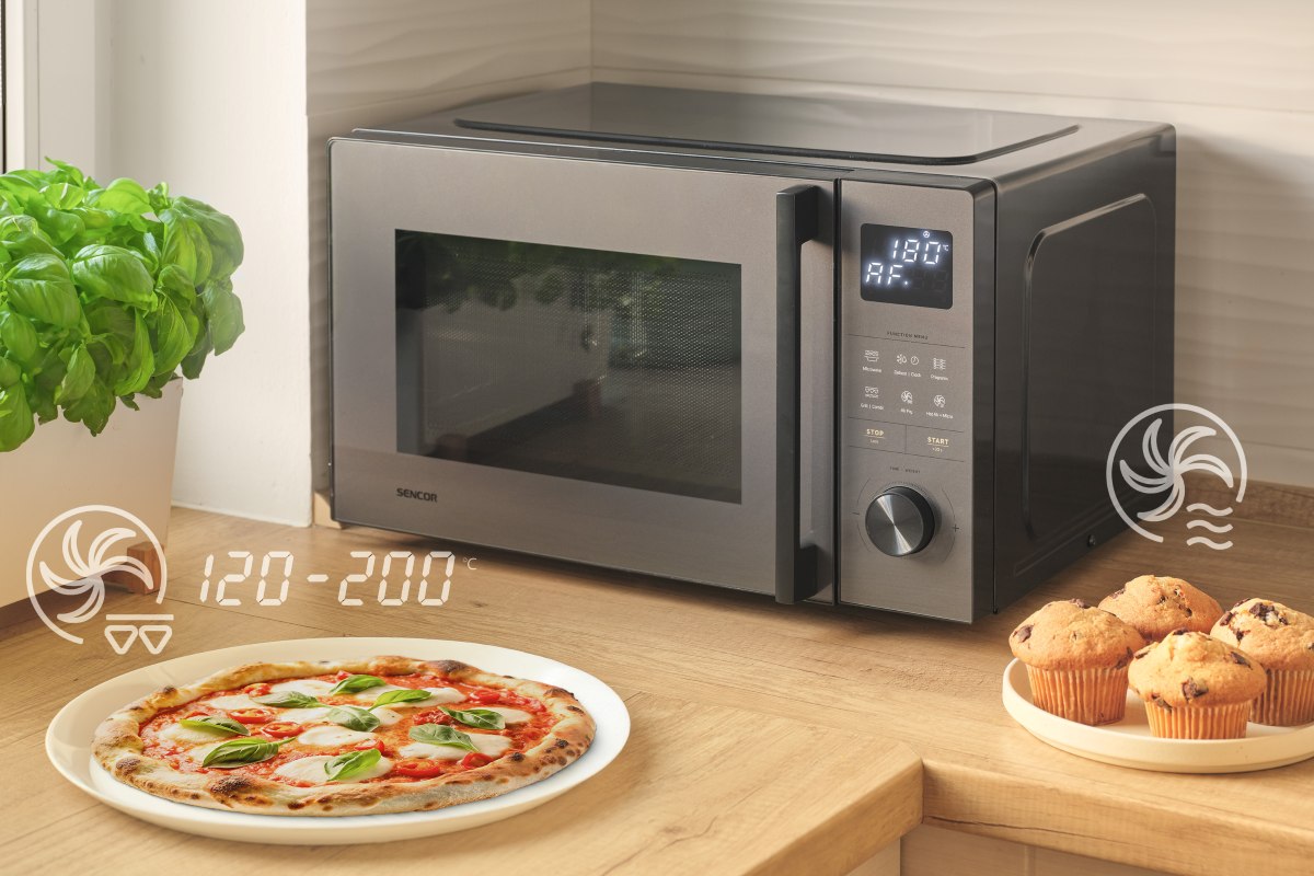 Teplota 120&ndash;200 &deg;C; kombinace mikrovln a hork&eacute;ho vzduchu pro slan&eacute; pokrmy, muffiny a pi&scaron;kotov&eacute; těsto