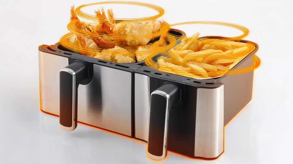 Horkovzdušná fritéza Ardes A03D připravující maso i přílohu zároveň_03