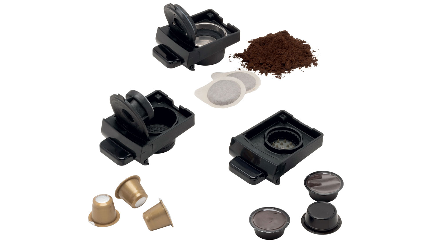 Jednotliv&eacute; d&iacute;ly pro různ&eacute; typy př&iacute;pravy k&aacute;vy s Ariete Espresso Coffee Maker 4v1 1304/11
