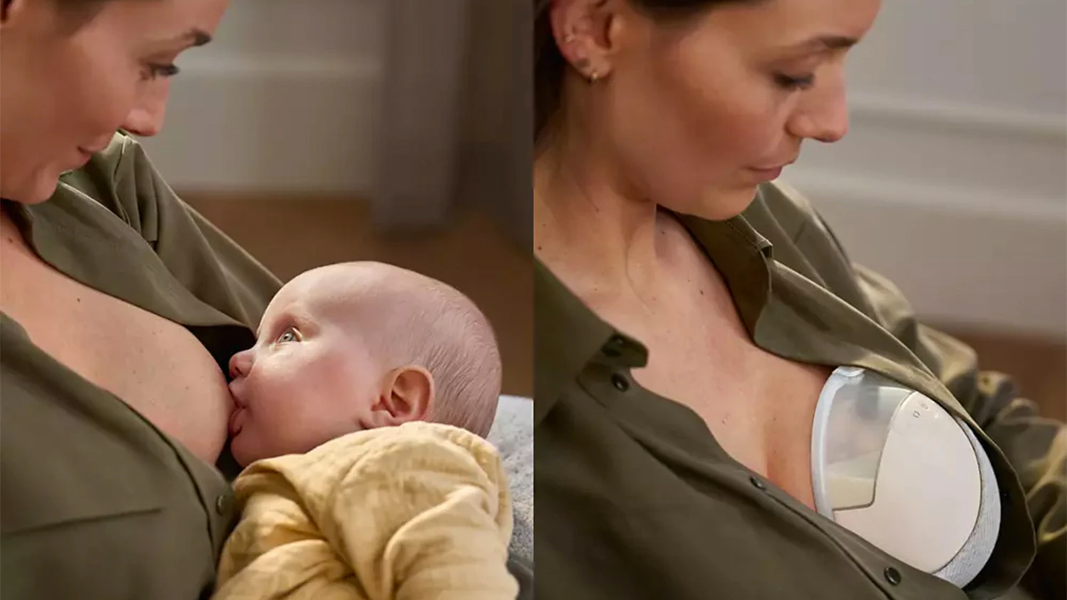 Žena s dítětem používá odsávačku Philips k odsávání mléka