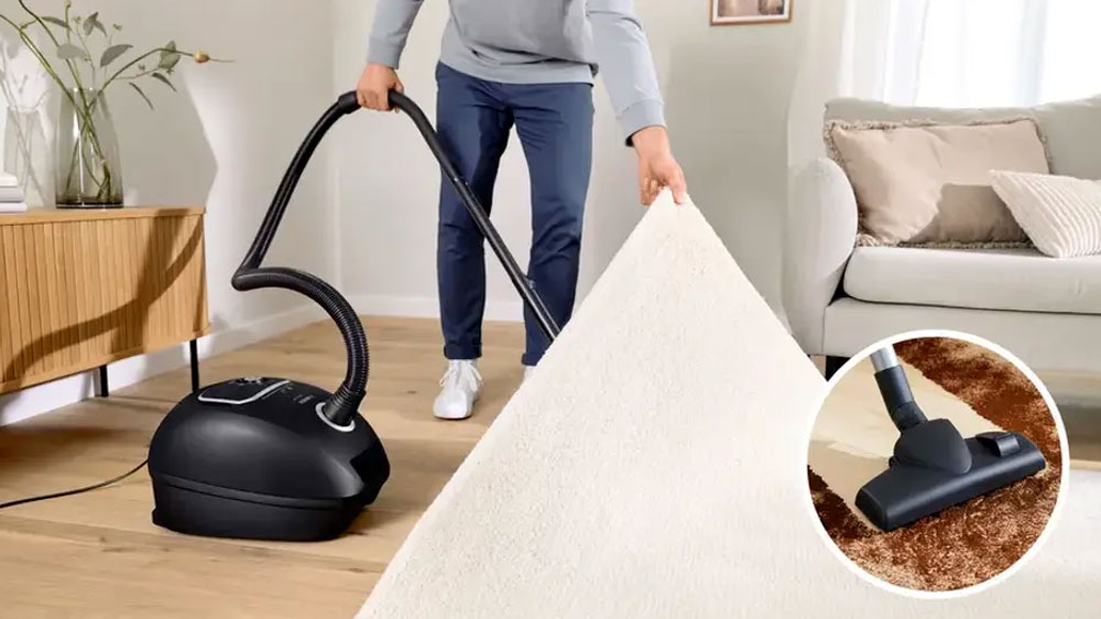 Muž vysává pod kobercem s vysavačem Bosch BGB41BA1_02