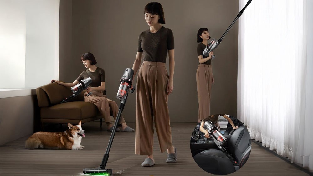 Žena s tyčovým vysavačem Deerma DEM-T30W v různých úklidových situacích_02