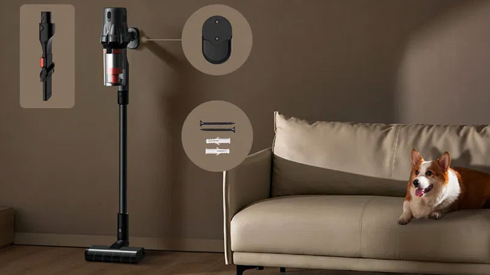 Tyčový vysavač Deerma DEM-T30W v interiéru s držákem na zeď_06
