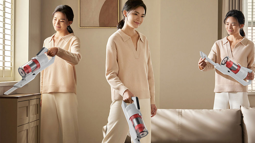 Žena v rôznych situáciach s tyčovým vysávačom Deerma DEM-T20W_02