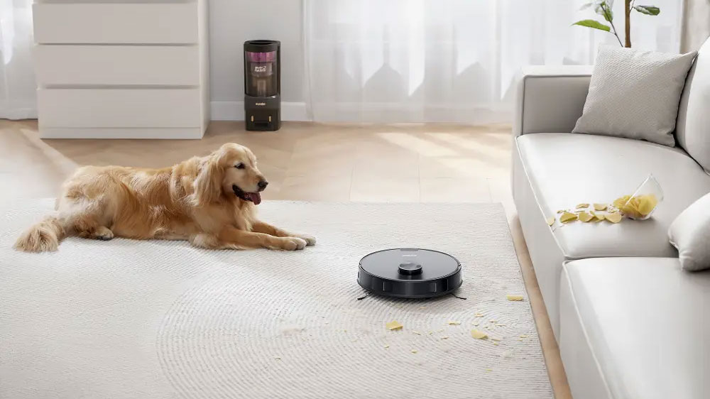 Pes s dlouhou srstí ležící na kusovém koberci před pohovkou a před ním vysávající robotický vysavač Eureka E10s rozsypané brambůrky_03