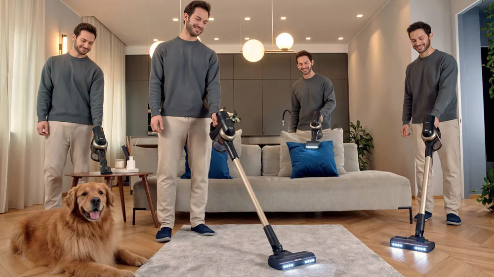 Muž ukazujúci možnosti použitia tyčového vysávača 2v1 Hoover HF4P10P 011_02