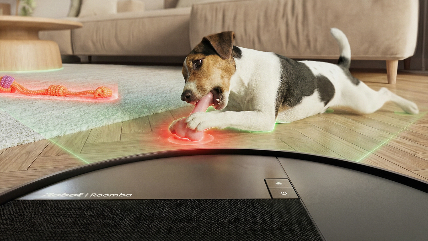 Robotický vysavač iRobot Roomba Plus 415 Combo + AutoWash dock vysává obývák, kde je pes