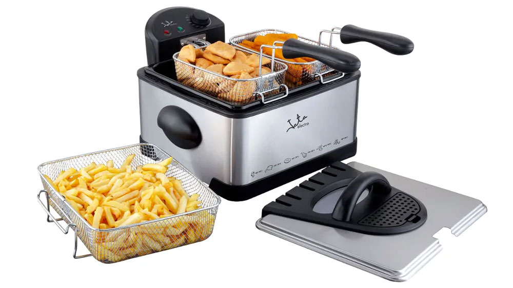 Olejová fritéza Jata FR 700 se smaženým jídlem ve třech košících_02
