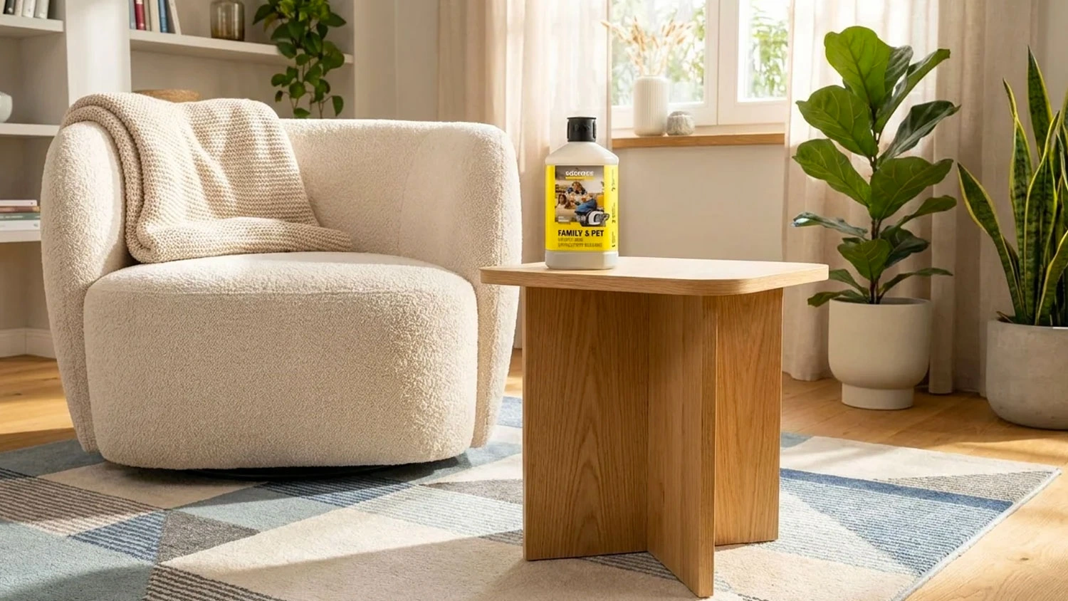 Čistič koberců Kärcher Carpet & Upholstery Cleaner Family & Pet postavený na dřevěném stolku v obývacím pokoji.