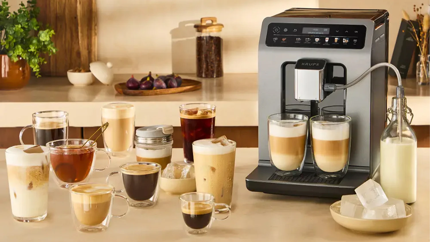 Automatick&yacute; k&aacute;vovar KRUPS Evidence Hot & Cold EA898GF0 s řadou k&aacute;vov&yacute;ch n&aacute;pojů