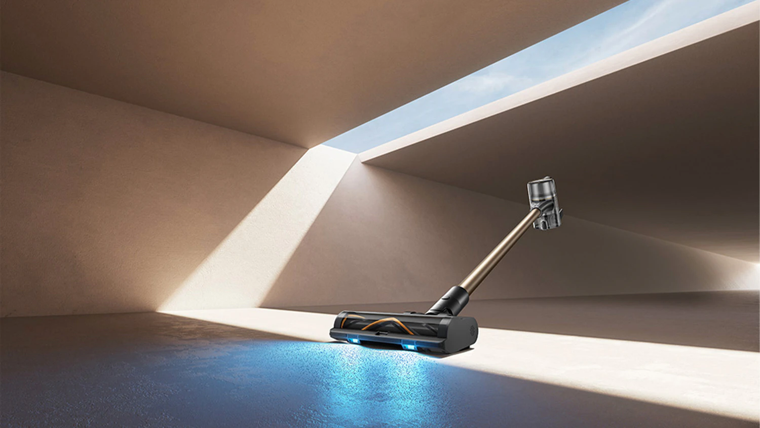 Tyčov&yacute; vysavač MOVA S5 SENSE na tvrd&eacute; podlaze se zapnut&yacute;m LED osvětlen&iacute;m