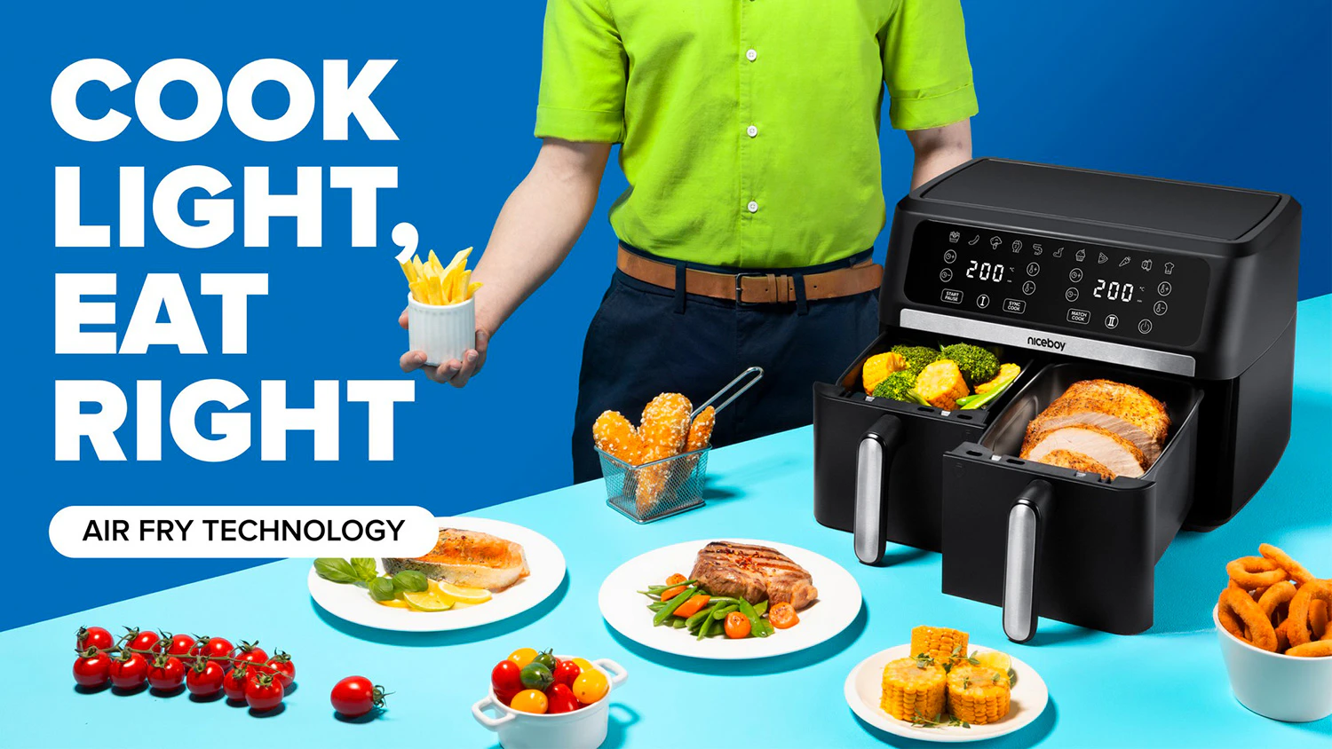 Muž a teplovzdušná fritéza Niceboy AirFryer DUO s jedlom